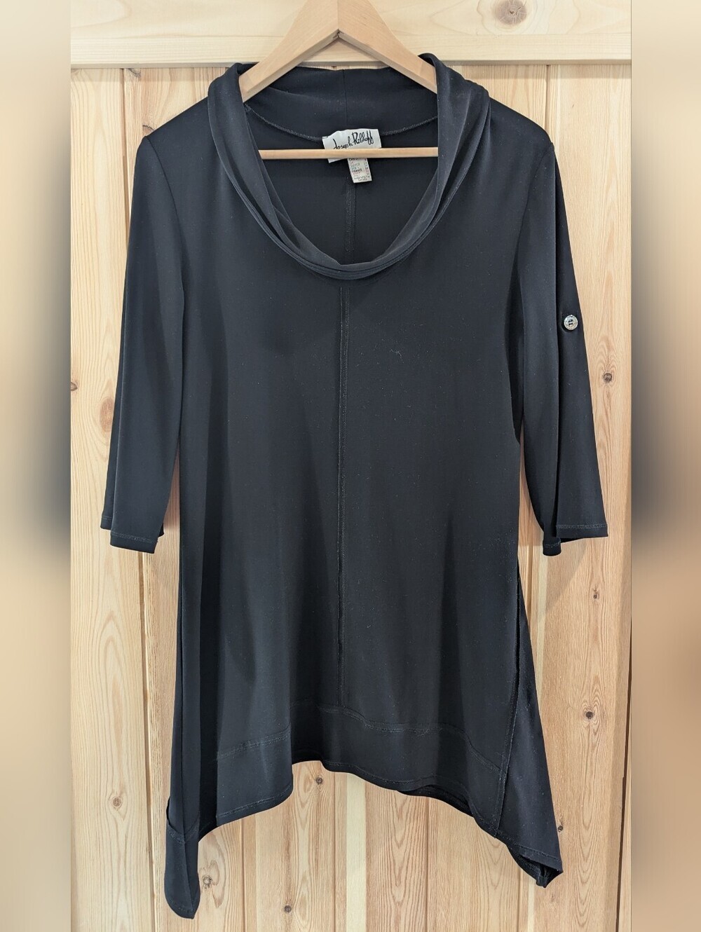 Joseph Ribkoff Black Draped Cowl-Neck Tunic with Roll-Tab Sleeves - Picture 2 of 7